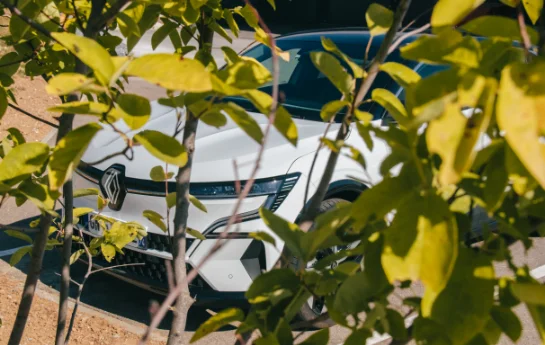 Voiture électrique ou hybride performant stationnée sur un parc de bornes de recharges connectées Nexteneo